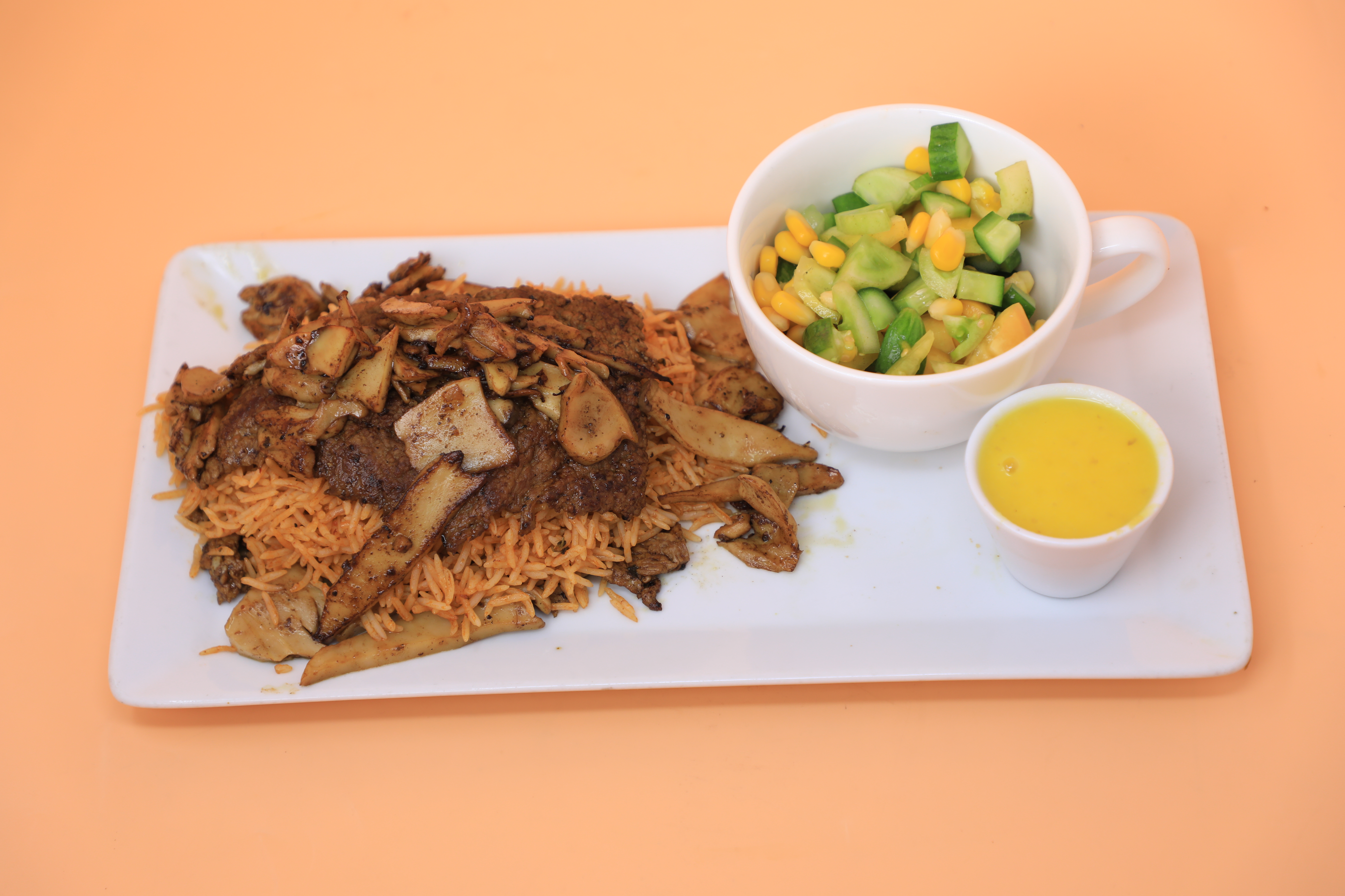 Steak fried saldata rice with vegetable